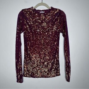Free People Sparkling Sequin Long Sleeve Top Maroon Size Small Holiday NYE